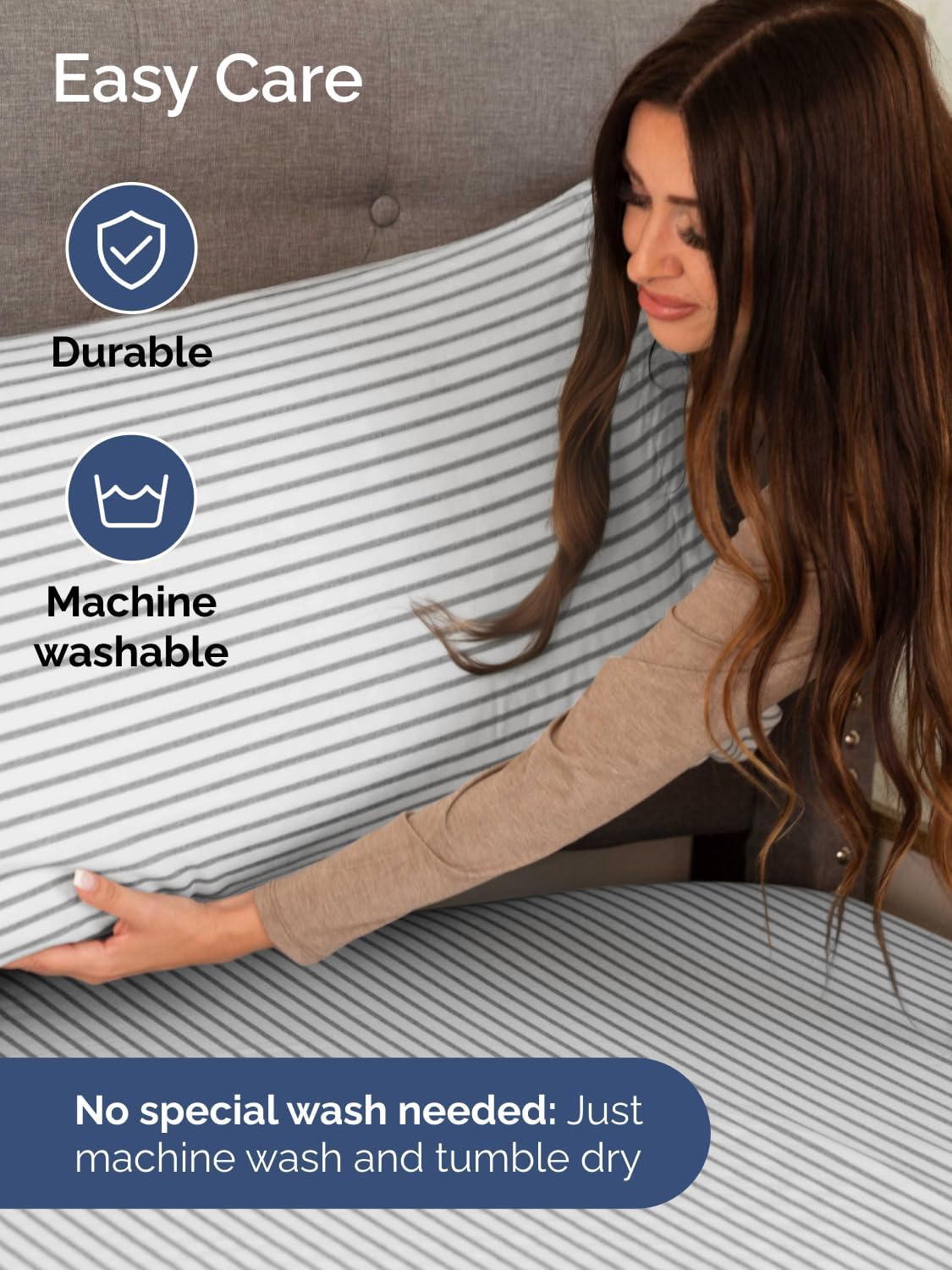 Skiennix Extra Deep Split King Sheet Set - 7 Piece Breathable Cooling Bedding - Soft Wrinkle-Free Grey Stripes