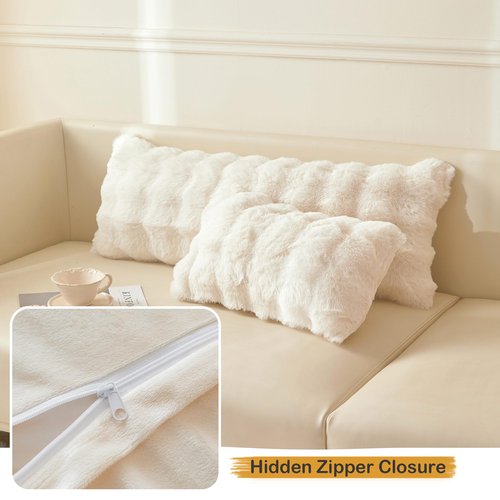 LIFEREVO Fluffy Faux Rabbit Fur Long Lumbar Decorative Throw Pillow Cover, Plush Shaggy 14x36 Bubble Waffle Cushion Pillow Sham with Zipper, Furry Fuzzy Pillowcase for Home Bed Couch Sofa, Beige