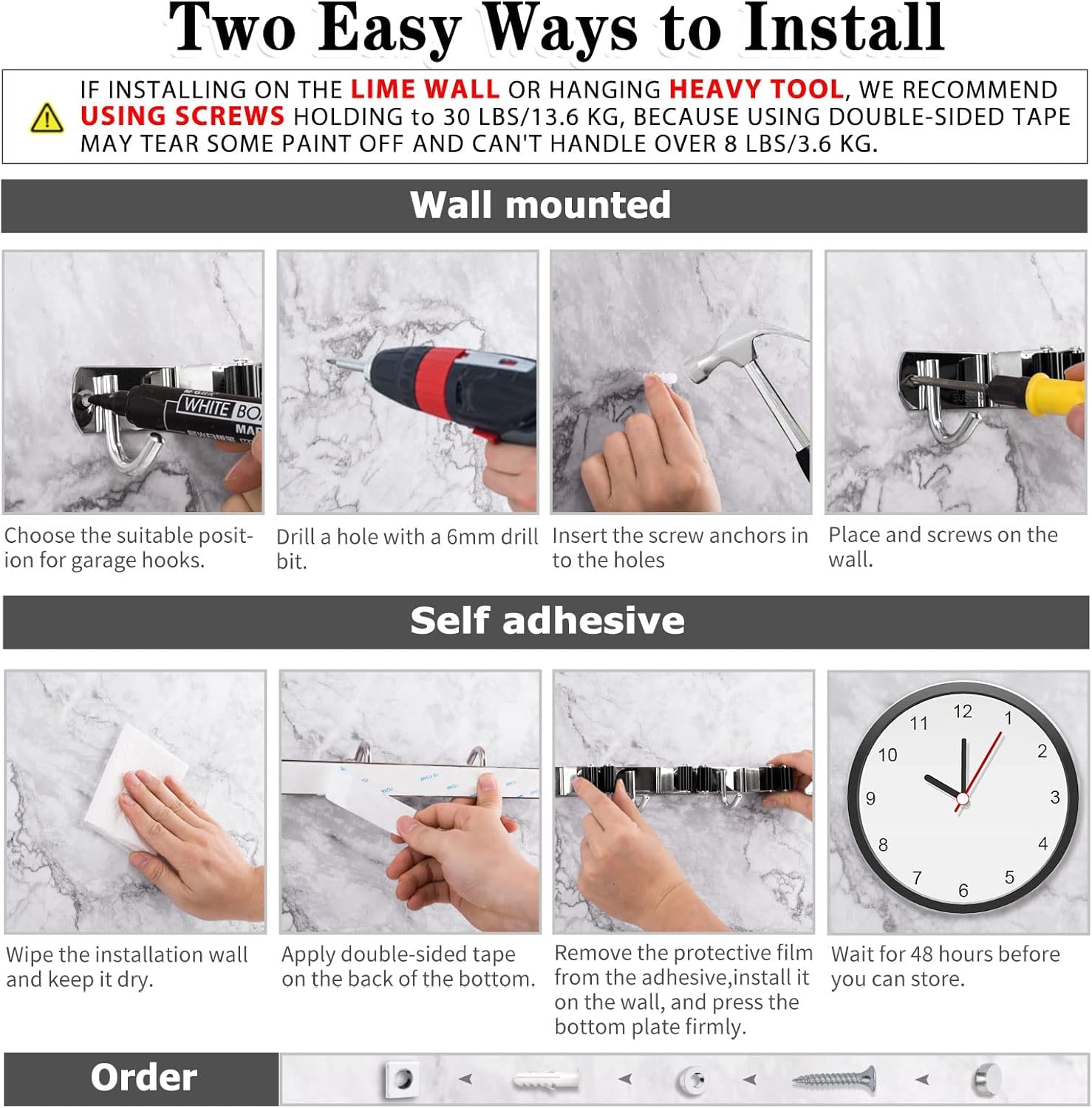 Skiennix Wall Mounted Broom and Mop Holder - Heavy Duty Stainless Steel Organizer | 2 Pack with 3 Racks & 4 Hooks