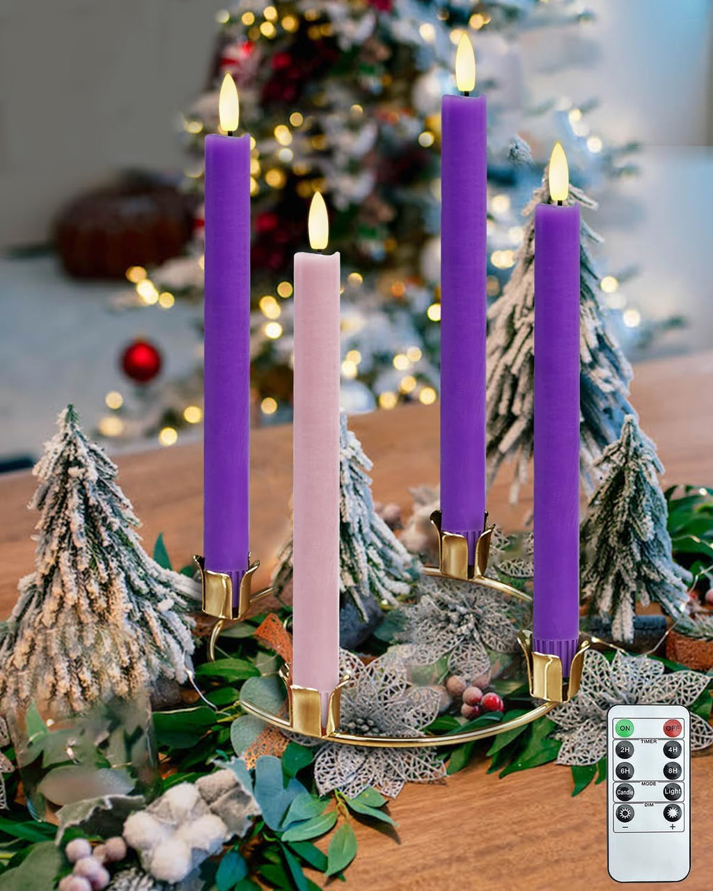 SHYMERY Flameless Taper Candles - Real Wax LED with Remote Timer | Set of 4 Purple & Pink for Thanksgiving & Christmas