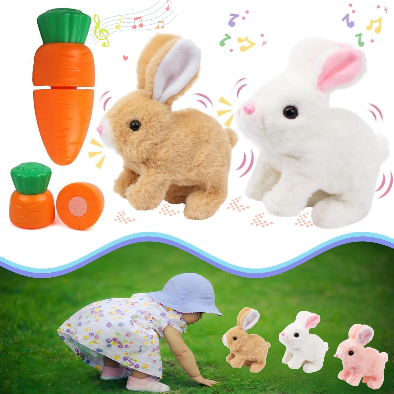 Skiennix Bunny Stuffed Animal Plush - Interactive Hopping Toy with Sounds & Movements | Brown & White