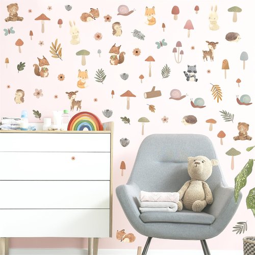 Kazova Woodland Animals Wall Stickers 93 Pcs 3 Sheets Cute Mushroom Forest Decals Peel and Stick for Kids Room Nursery Bedroom Playroom Decor
