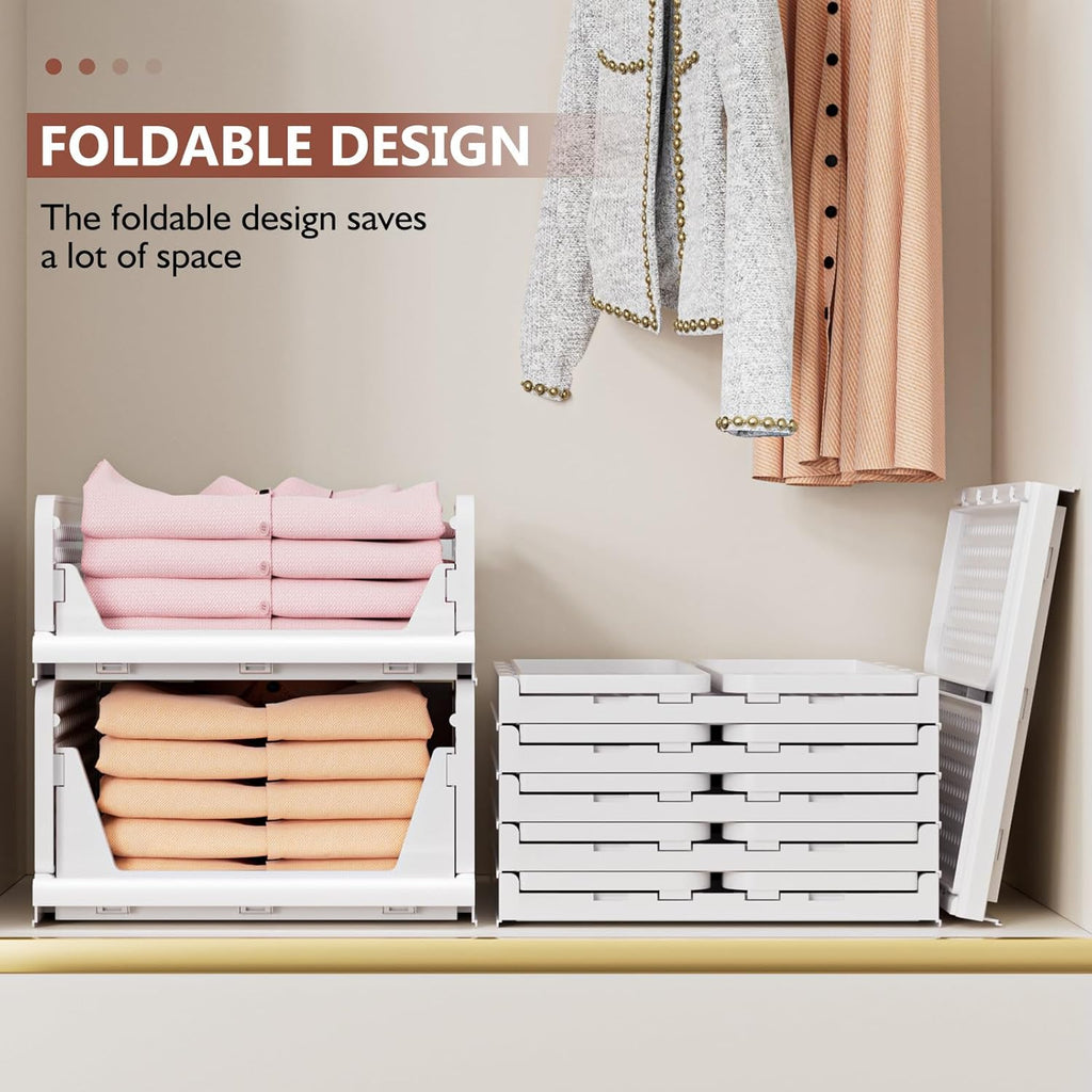 Skiennix Folding Closet Organizers - Stackable Storage Bins for Wardrobe & Office | White - 4 Pack