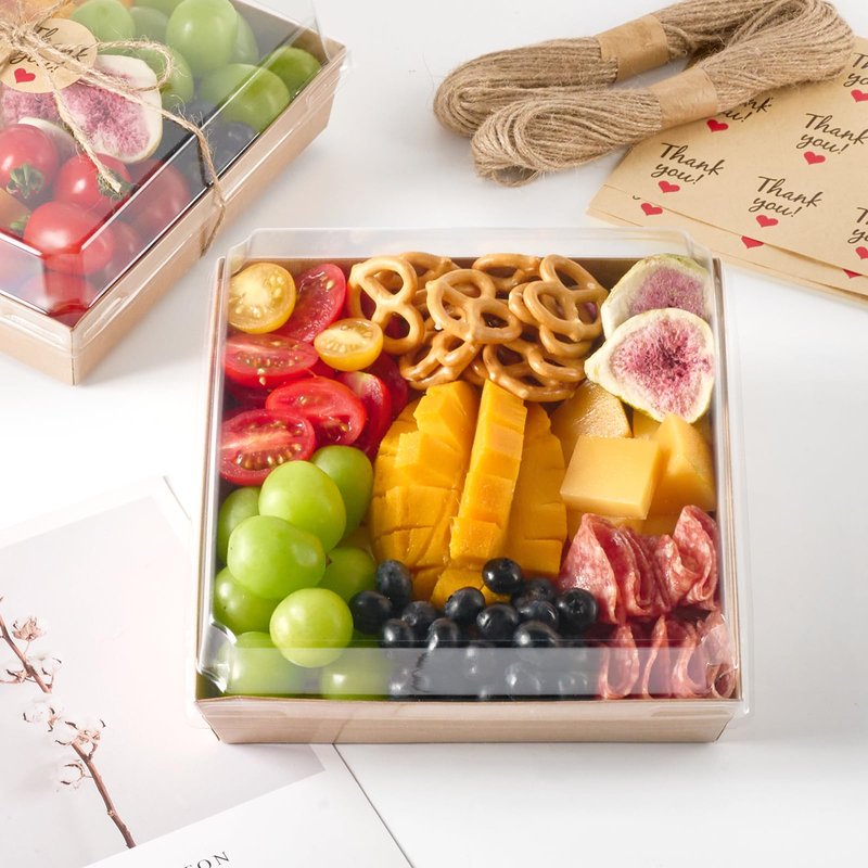 Kucoele 7 x 7 Inches Charcuterie Boxes with Clear Lids, 20 Pack Disposable Large Paper Charcuterie Boxes, To Go Food Containers for Charcuterie, Sandwiches, Cookies, Cake Slices, Strawberries (Brown)