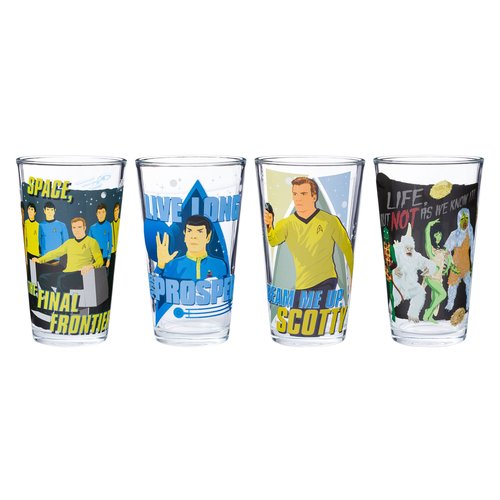 Silver Buffalo Star Trek Quotes Featuring Kirk, Spock, McCoy, and Uhura 4 Pack Pint Glass Set, 16 Ounces