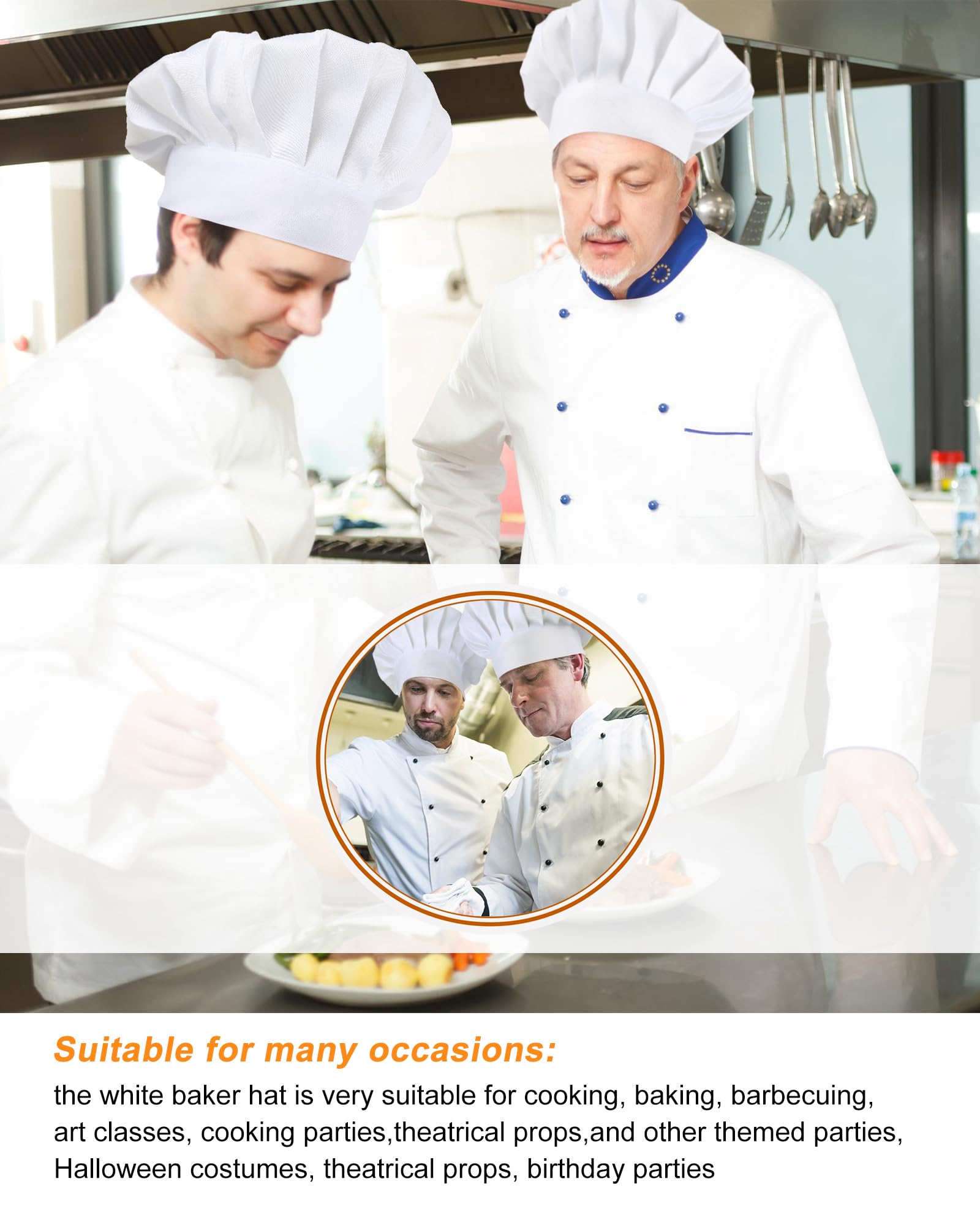 Geyoga 12 Pcs Chef Hat Adult Adjustable Elastic Tall Baker Hat for Cooking Kitchen Cap Uniform for Men Women Christmas(White)