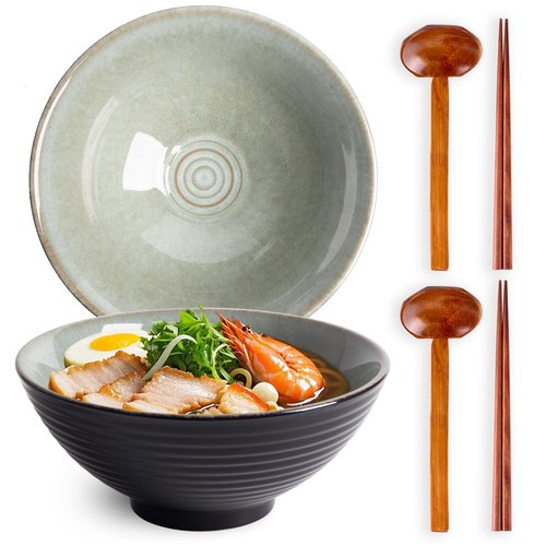 Tacuhy 40oz Japanese Ceramic Ramen Bowl Set of 2 with Chopsticks and Spoons for Pho Udon Asian Soup Noodles (Grayish Green)