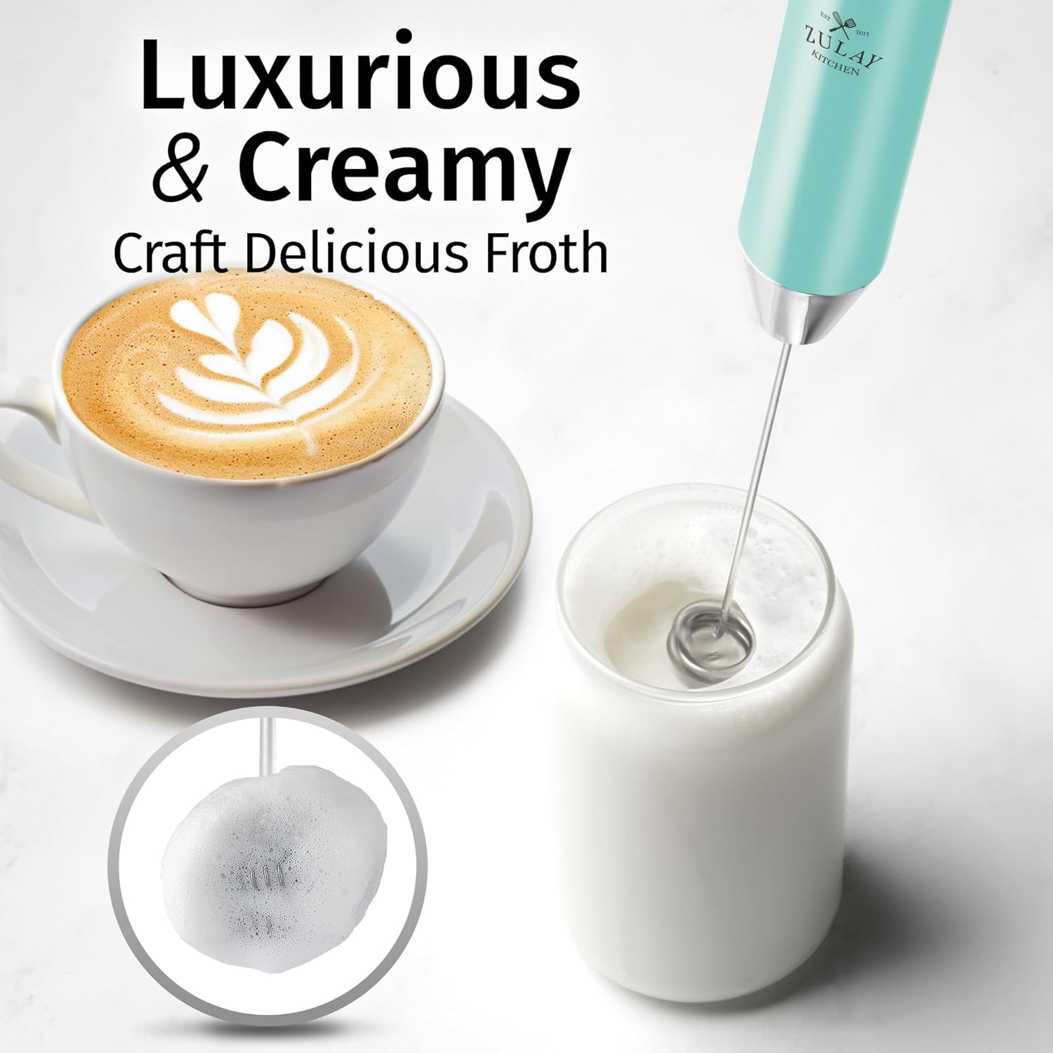 Zulay Kitchen Rechargeable Milk Frother - Powerful 2-Speed Motor, Waterproof, 2000mAh Battery | Sky Blue Drink Mixer for Lattes, Cappuccinos, Matcha & Protein Powder
