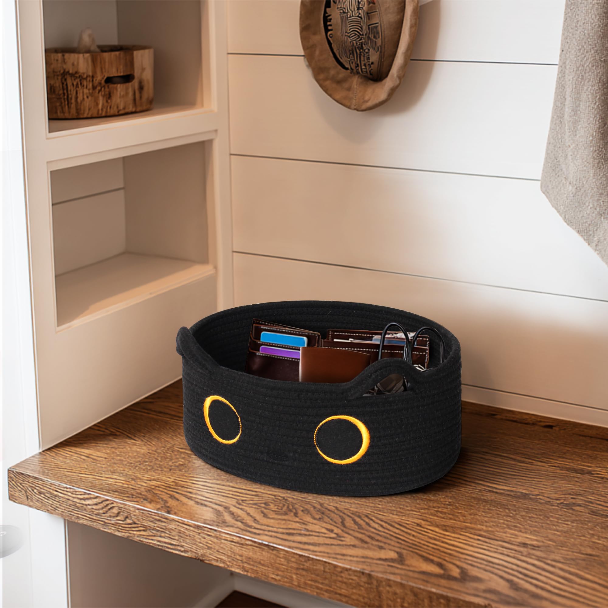 WILLITAT Black Cat Toy Basket, Small Woven Cat Toy Storage Box with Cute Ears Handle Indoor, Cotton Rope Storage Bin with Embroidered Face for Halloween Decor, Pet Bed, Nursery Kids Room Organization