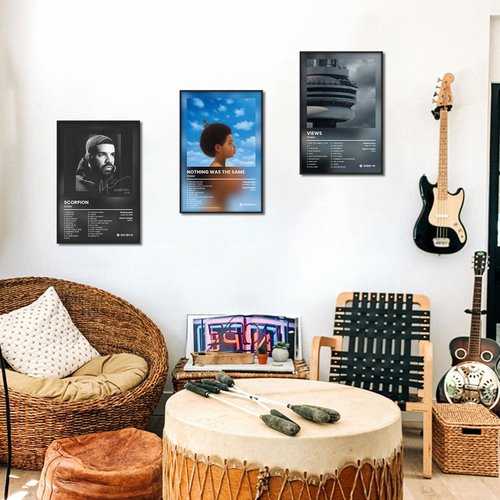 Anslivle 3-Piece Framed Canvas Drake Album Cover Posters - Black | 16x24 Inches Contemporary Music Wall Art