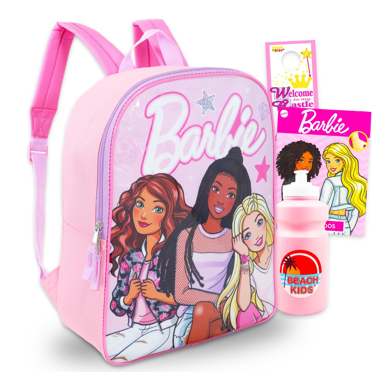 Barbie Backpack for Girls 4-6 - Bundle with 15” School Backpack Plus Water Bottle, Tattoos, More | Barbie School Bag for Kids Set