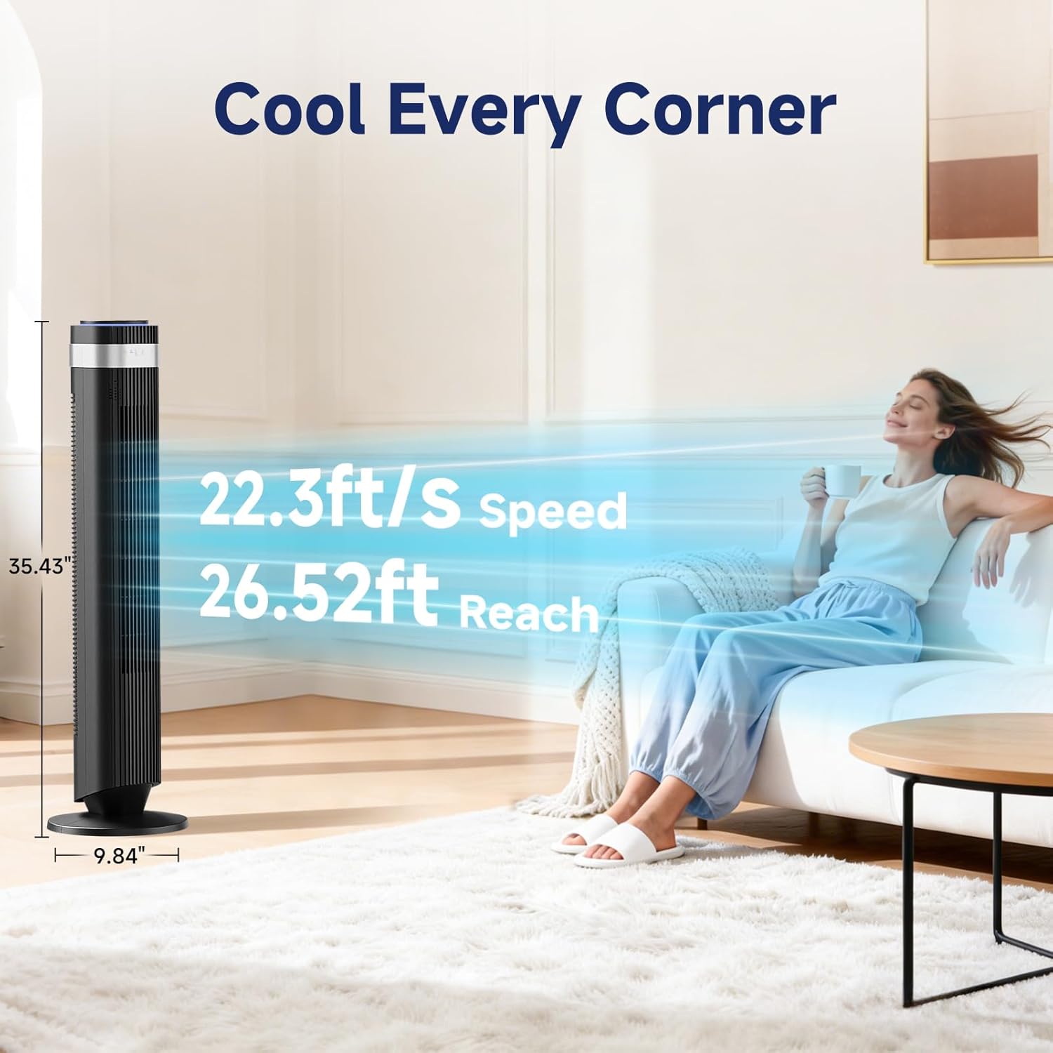 OLIXIS Quiet Tower Fan - Bladeless Oscillating Cooling Fan with Remote, 12H Timer, 5 Speeds | Black