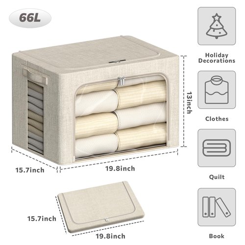 Chizjox 4 Pack Clothes Storage Bins with Metal Frame - 66L Stackable Storage Box with Lid，Foldable Storage Container Organizer for Clothes，Linen Fabric Storage Box with Clear Window＆Zippers＆Handles