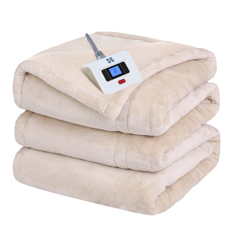 Sealy Electric Blanket Twin Size, Flannel Heated Blanket with 10 Heating Levels & 1-12 Hours Auto Shut Off, Fast Heating Warm Blanket, Machine Washable, Beige, 62 x 84 Inch