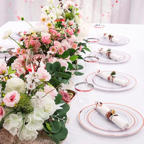 350 Piece Dinnerware Set for Wedding & Party,50 Guest RimPlastic Plates,50 Plastic Silverware,50 Cups,50 Linen Like Napkins (Rose Gold)