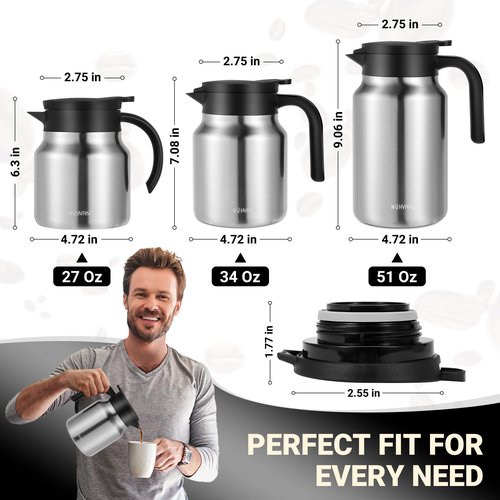 WYHVAND 34Oz Thermal Coffee Carafes For Keeping Hot/Cold, Stainless Steel Coffee Carafe, Dustproof Insulated Water Carafe for Party/Home,Silver