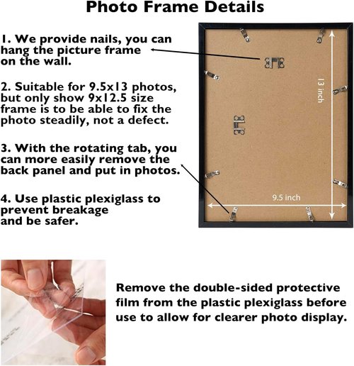 JCJMY Picture Frame - 9.5x13 Black Wall Mount for Horizontal or Vertical Display | Shatter-Resistant Plexiglass