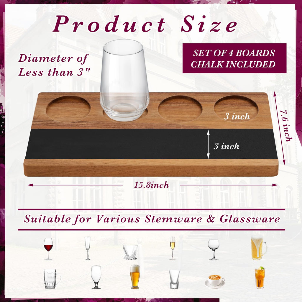 Marsui Wine Flight Tasting Set of 4, Wooden Whiskey Flight Board with 8 Soapstone Chalks Kit for Beer, Whiskey, Cocktails, Coffee, Wine Tasting Party Supplies