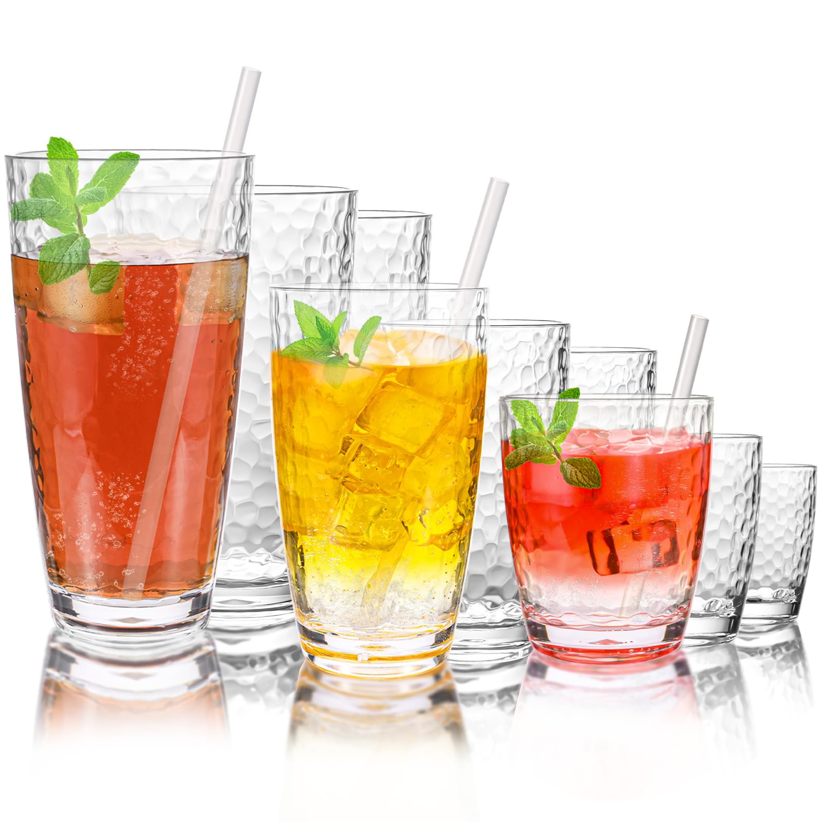 Zioffiel 9 Pcs Plastic Drinking Tumblers Set of 14/18/24 oz, Acrylic Drinking Glasses with Straw&PP Brush, BPA-Free, Stackable Water Cups, Clear Cups for Juice, Wine (14/18/24 oz-9 pcs)