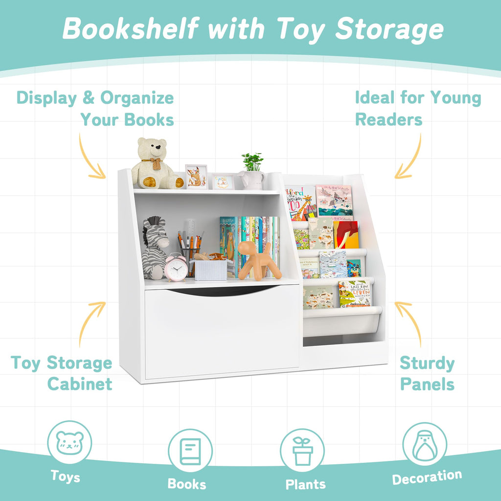 TOETOL 2 Tier Kids Bookshelf and Book Storage，4 Sling Toddler Bookshelf, Storage Boxes Book Shelf & Organizer for Nursery Playroom Classroom Library Bedroom White