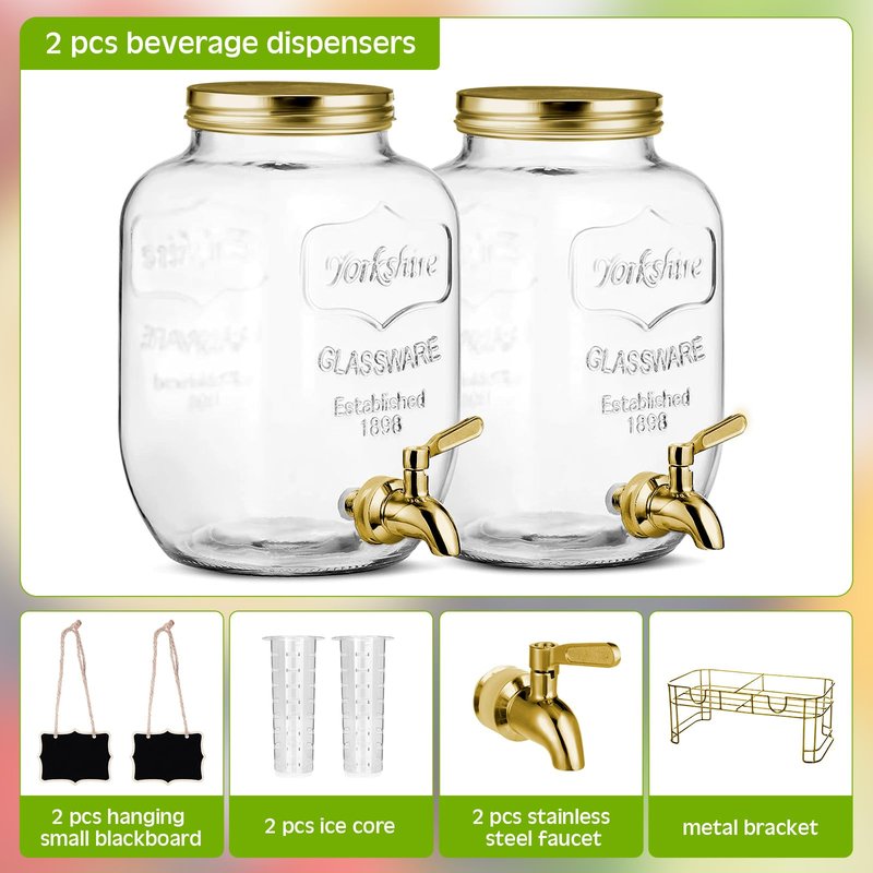 FillTouch 2 Pcs Glass Drink Dispenser for Parties Glass Water Beverage Dispenser with Stand Ice Cylinder 18/8 Stainless Steel Leakproof Spigot Hanging Chalkboard Signs Pen(2.5 Gallon)