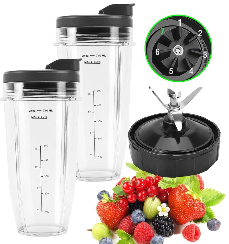 2 Pack 24oz Blender Cups Replacement Parts with To-Go Lids, 7 Fins Blender Blade for BL2012 BL480-30 BL482-30 BL640-30 BL642-30 BL682-30 NN102 BN401 BN751 BN801
