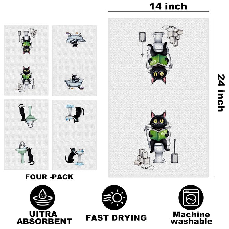 Hanamiya Na 4 Pcs Funny Cat Hand Towel for Bathroom 24x14 Inch, Funny Absorbent Microfiber Dish Cloth Towel, Waffle Weave Hand Towels for Toilet Home Cats Bathroom Decor, Cat Lover Gifts