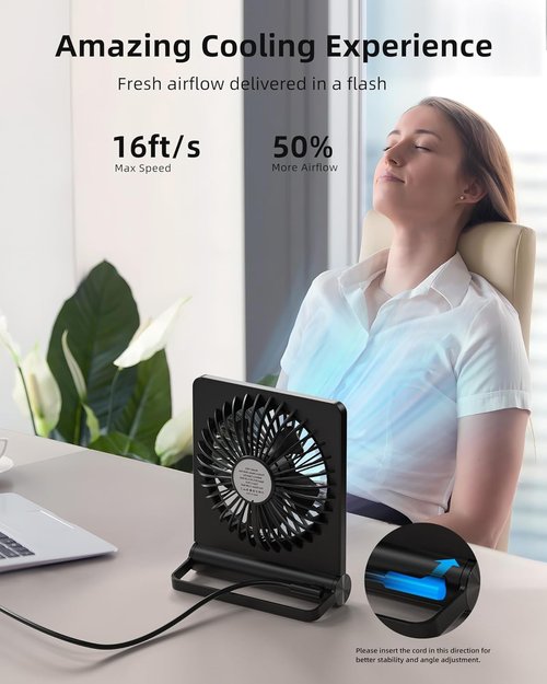 Koonie USB Fan - Ultra Quiet Small Desk Fan with 220° Tilt & 3 Adjustable Speeds | Black