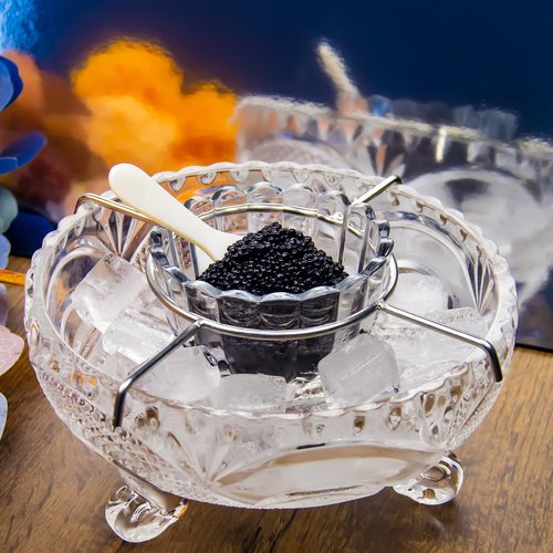 DUEBEL Caviar Serving Set, 1 Glass Divided Serving Bowl Set Plus 2 pcs. x Mother of Pearl Caviar Spoon –Caviar Dish Serving Set, Shrimp Chiller for Kitchen, Restaurant, Catering Events