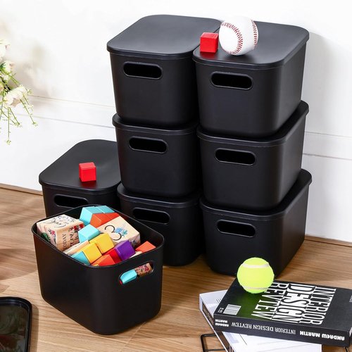 Hoolerry Colorful Storage Bins - 8-Piece Stackable Plastic Organizing Containers with Lids | 9.8 x 7.1 x 6.3 Inch, Black