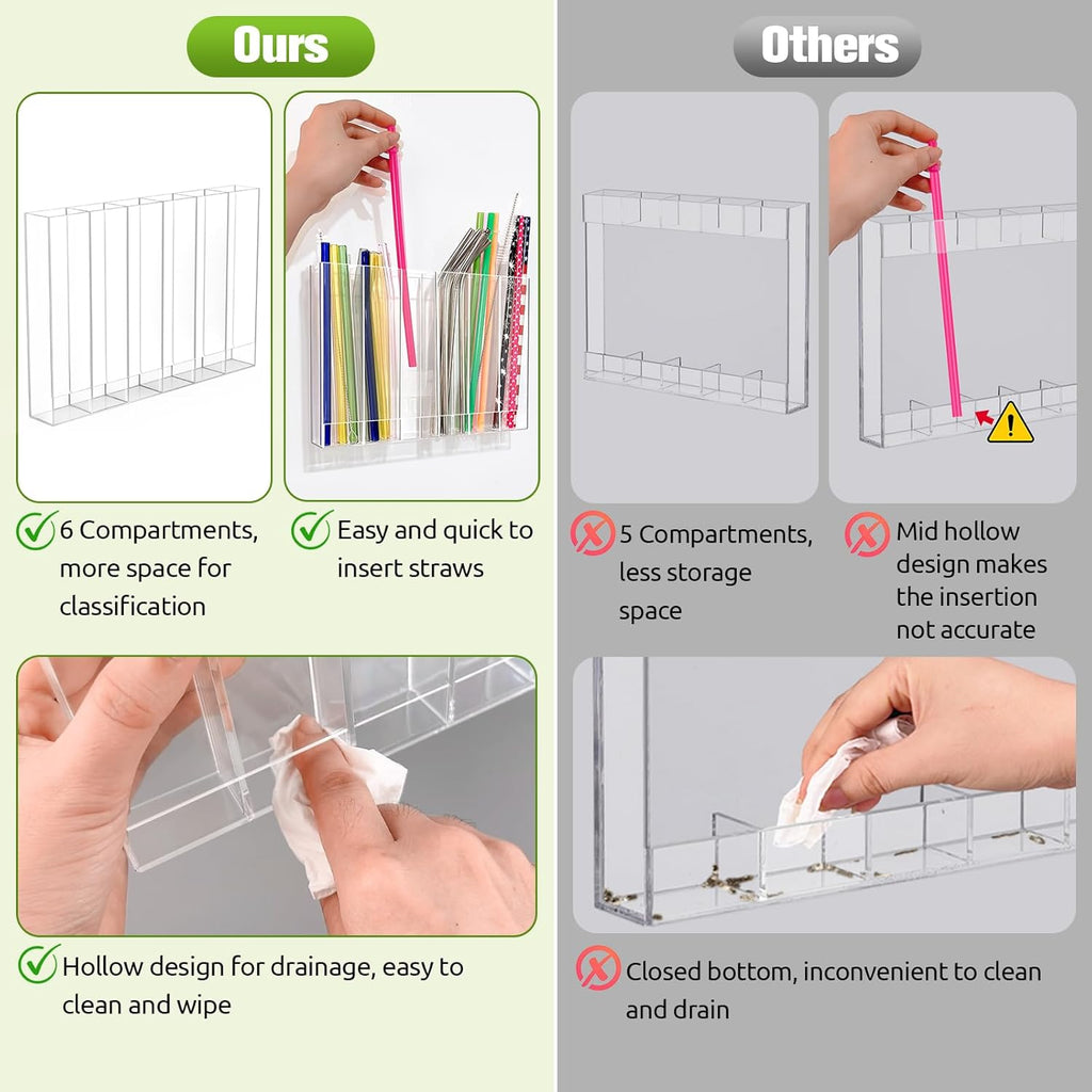 Skiennix 9.6” Large Acrylic Straw Holder - 6 Compartments, Easy to Clean, Reusable Tumbler Organizer