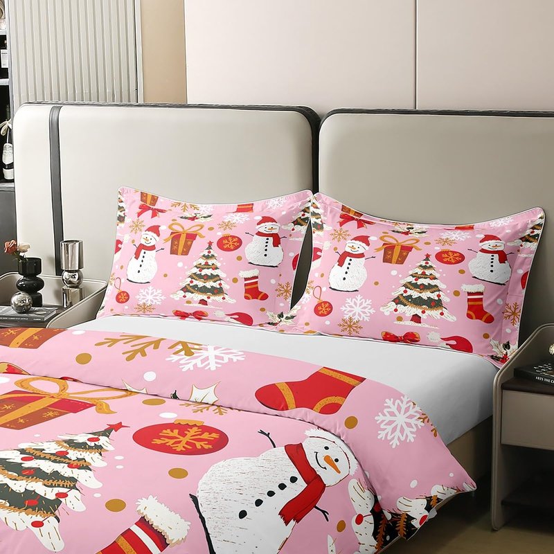 Pink Christmas 100% Cotton Duvet Cover Full Kawaii Xmas Tree Comforter Cover for Kids Boys Girls Winter Magic Snowflake Bedding Set Cute Snowman Quilt Cover Xmas Hats Girly Christmas Ornaments,3Pcs