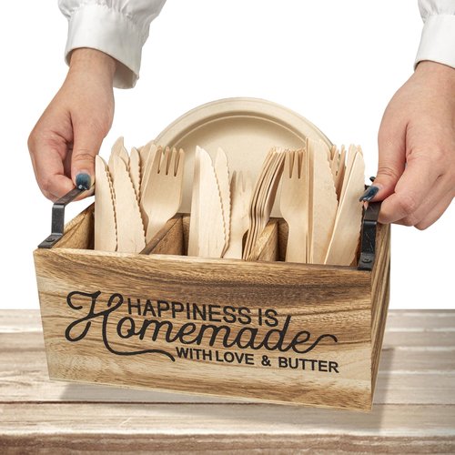 KOVNISE Kitchen Utensil Holder With Handle Wooden Utensil Organizer for Counter Multifunctional Countertop Organizer for Storage Cooking with 4 Compartment Farmhouse Kitchen Decor (Brown)