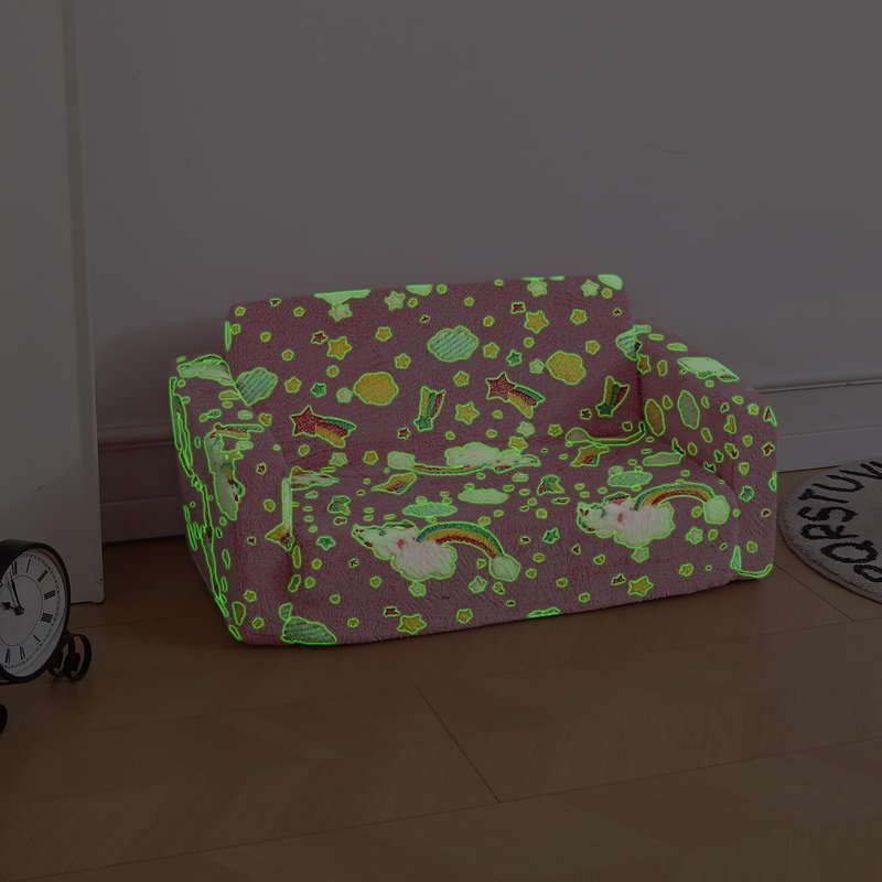 Dormlony Foldable Kids Sofa Extra Wide for 2 Seats, Soft Kids Fold Out Couch Glow in The Dark,Convertible Sofa to Lounger Toddler Sofa Chair(Rainbow)