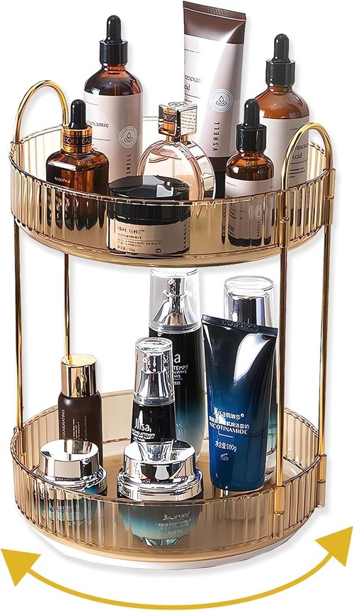 Asayuee 360° Rotating Gold Makeup Organizer - Large Capacity Skincare & Perfume Storage (2 Tier)