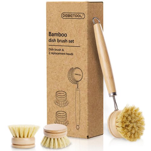 DEBETOOL Bamboo Pot Dish Brush,3 Pack Natural Wooden Scrub Brush with Sisal Fiber,Suitable for Dishes,Pans,Pot and Other Utensils-Sustainable,Kitchen Cleaning Brush with 2 Replacement Brush Heads