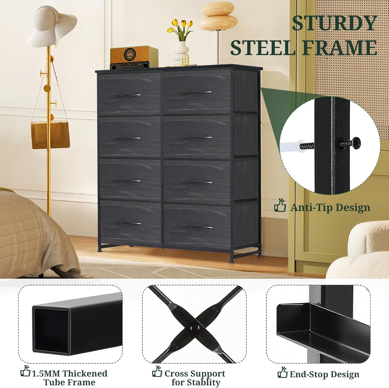 Skiennix 8-Drawer Dresser - Anti-Tip Tall Storage Organizer with Wooden Top & Metal Frame | Charcoal Black