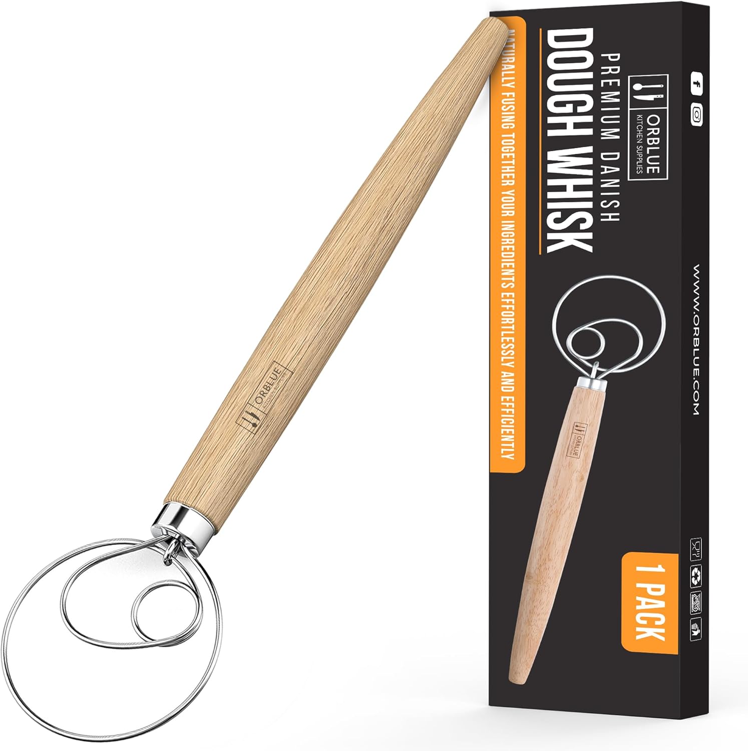 ORBLUE Premium Danish Dough Whisk - Stainless Steel Ring for Bread, Pastry & Pizza Dough - 13-Inch