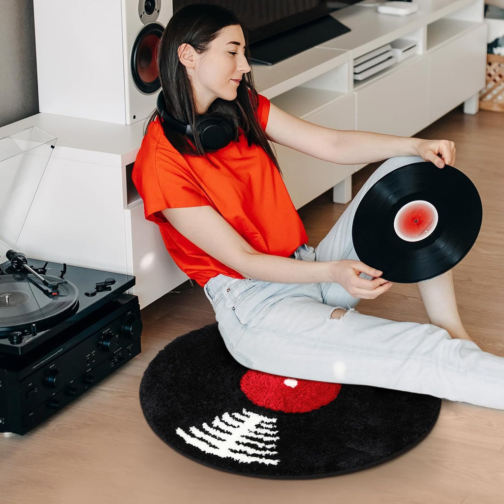 Skiennix Vinyl Record Bath Mat - Retro Non-Slip Washable Rug | Funny Music Theme Decor, 23.5" Black & White