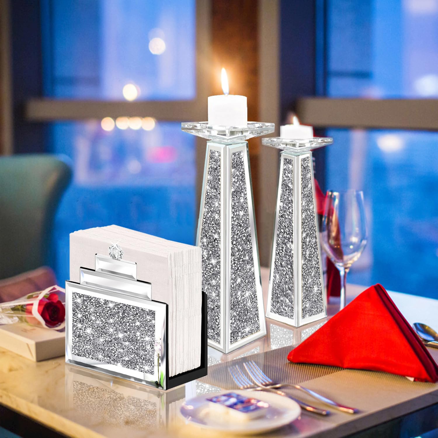 Wocred Mirror Napkin Holder,Crystal Crushed Diamond Vertical Holder,Cute Tissue Holder Holds Napkins Upright for Bathroom，Dining Table，Kitchen Table.(6.8”X5.9”X3”)
