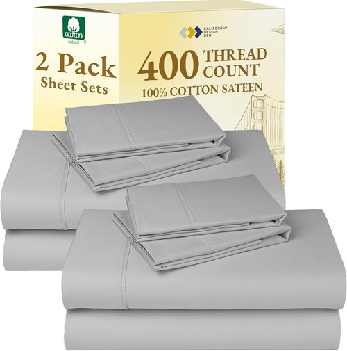 California Design Den 400 Thread Count Full Size Sheet Sets - Soft, Breathable 100% Cotton Sateen | Light Grey, 2-Pack