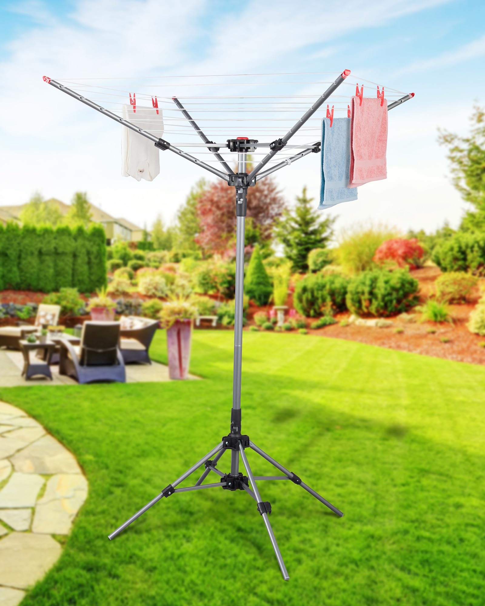 STORAGE MANIAC Portable Umbrella Clothes Drying Rack 8 Lines with 82 Feet Drying Space, Steel Frame & Adjustable Height, 4-arm Umbrella Clothesline for Laundry, Collapsible Indoor & Outdoor Drying