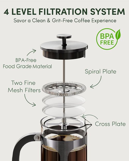 BAYKA French Press Coffee Maker - 34 Ounce Cold Brew Pot | Durable 304 Stainless Steel & Borosilicate Glass