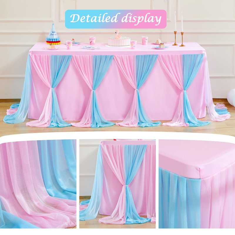 Pink Blue Tulle Tablecloth 4Pack Stretchable Cross Table Cover 3 Sides for Wedding, Birthday, Party Decor, Banquet, Bridal Shower Fits Rectangle Tables 6ft