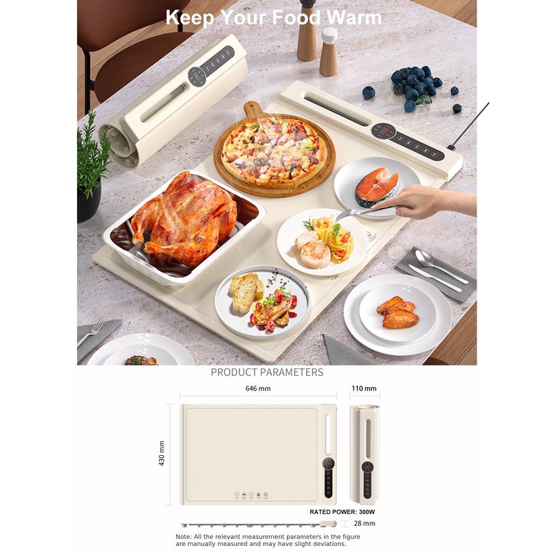 RawecuDex Food Warming Mat 2025, Thicken Fast Heating Silicone Electric Warming Tray, 2 Heating Areas, 7 Level Temperature and 6 Timer, Food Heating Mat for Countertop Parties Home Travel