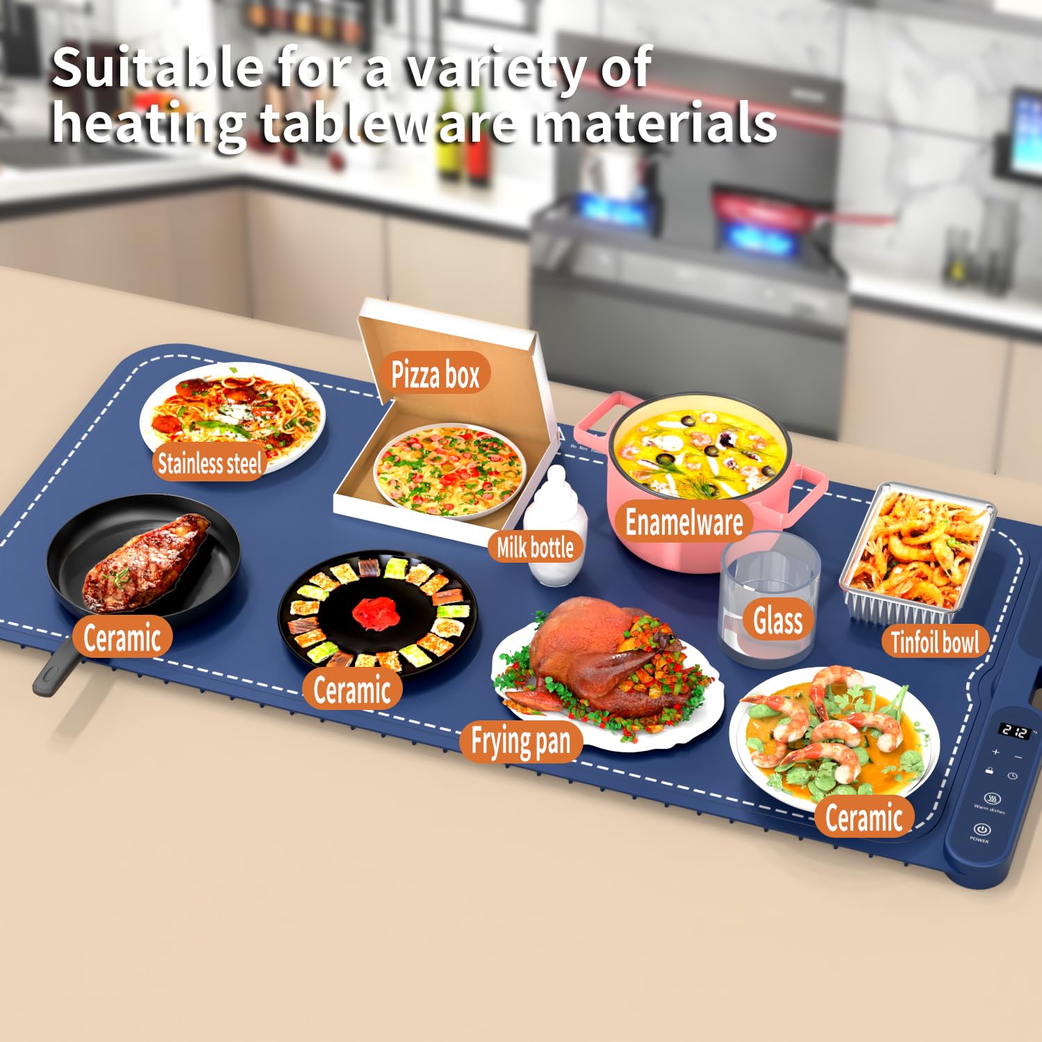 Electric Warming Tray&Food Warming MatFast Full Surface Electric Warming Tray with 7 Temp-Settings & 8H Timer, Portable Roll Up Food Warmer for Gatherings Parties Buffet-Oversized (Blue, 32''X15'')