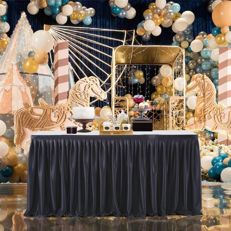 Little Funny Black Table Skirts for Rectangle Tables - 6ft Polyester Tablecloth Skirt with Ruffle for Birthday Party, Banquet, Wedding, Bridal Shower Decorations Desk Skirt for Teacher Desk