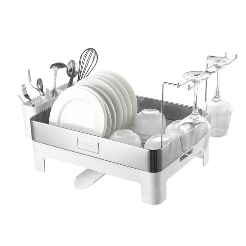happimess DSH1003B Simple 20.5' Fingerprint-Proof Stainless Steel Dish Drying Rack, Dish Rack with Swivel Spout Tray and Wine Glass Holder, Utensil Holder, Stainless Steel/White, Silver/White