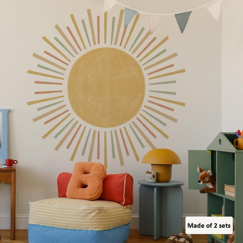 astrkiz Large Boho Half Sun Wall Decals Peel and Stick, Watercolor Pastel Sun Decal Sunrise Wall Murals Stickers, Sunshine Wall Stickers for Kids Room Playroom Nursery Bedroom, 48.07" x 24.82"