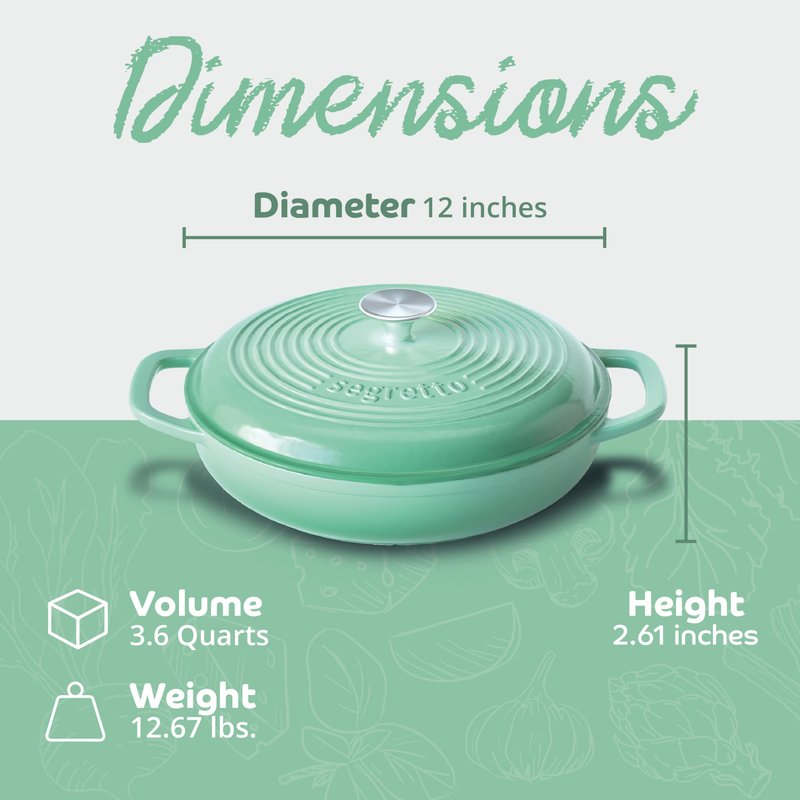 Segretto Cookware 3.6 QT Verde Chiaro (Light Green) Cast Iron Braiser Pan With Lid, Braiser Enameled Cast Iron Casserole Pan With Cover, Lasagna Pan Enamel Cast Iron Skillet with Lid Cookware